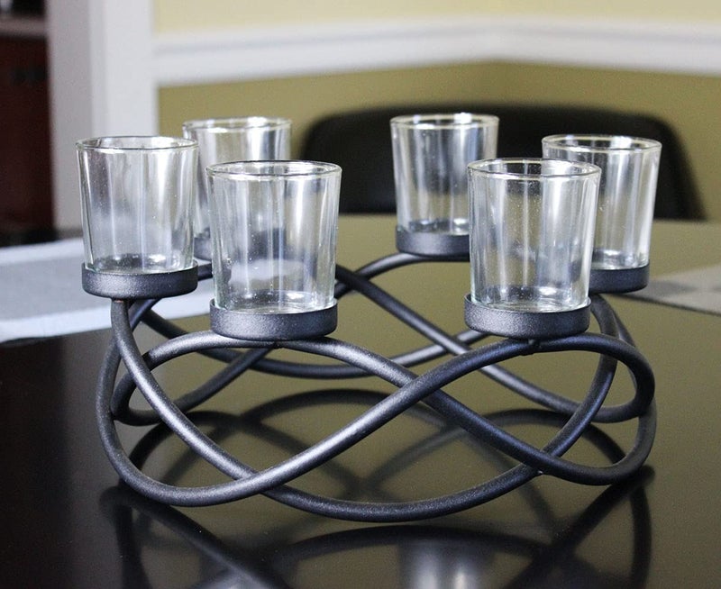 Seraphic Iron Round Table Decor Centerpiece Decorations Candle Holder for Weddings  Outdoor Patio  Kitchen  Dining Room  and Coffee Tables  Glass Votive Tealight Holders  Black  6 Clear Cups - Image 1